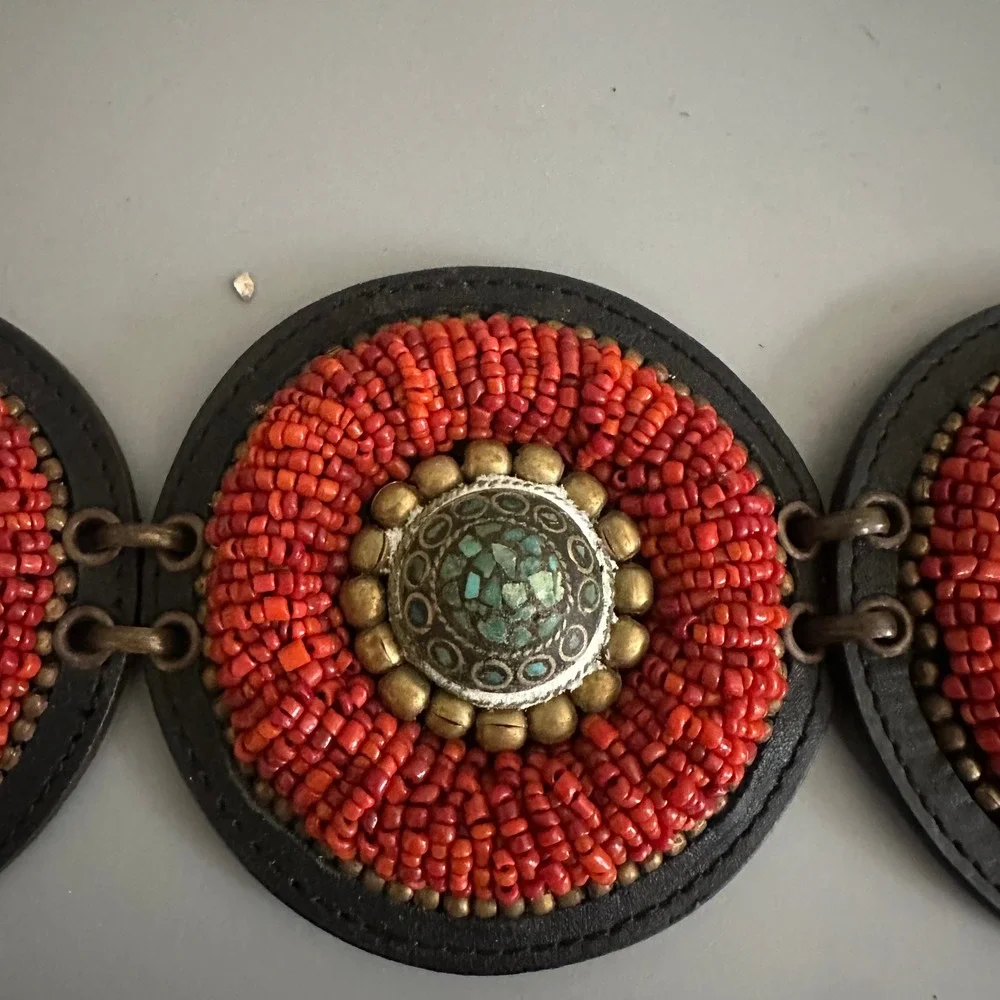 Chicos Red Beaded Leather Medallion Belt Turquoise Accents Boho S/M